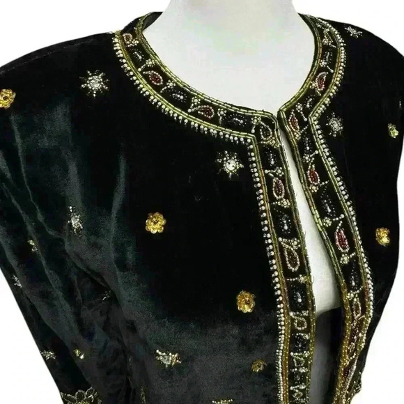 LESLIE FAY Black Velvet Evening Jacket with exquisite Beading and jewels  Size S - Picture 3 of 16